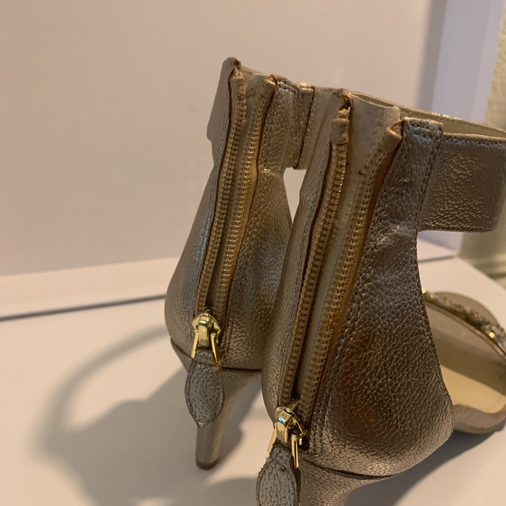 Franco Sarto EVELINA Platinum Leather Strappy Heels Open Toe Rhinestones 8M